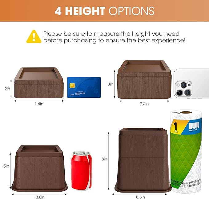Bed Risers 5 Inch, Oversized Fit Up to 5.5" Legs, Heavy Duty Support 6000lbs, Stackable Bed Raising Blocks Furniture Sturdy Bed Lifts for Couches, Tables, Desk(Brown, 5 inch-4 Pack)