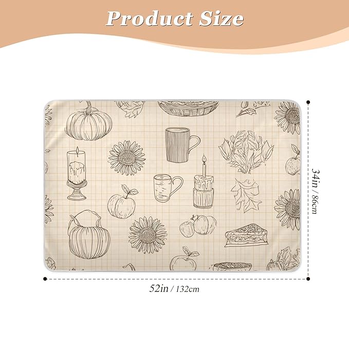Waterproof Bed Pad Reusable Changing Pad Toddler Mattress Protector Large Pee Pad Baby Diaper Pad Soft Washable Liner Khaki Sketch Pumpkin Thanksgiving