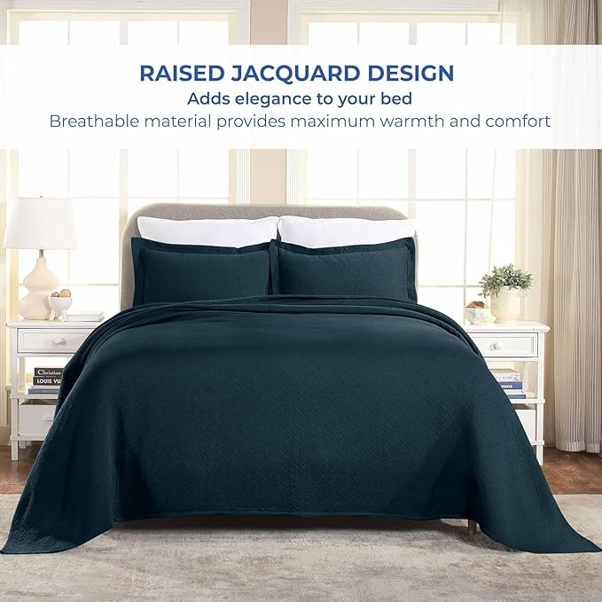 Superior 3 Piece Basketweave Cotton Bedspread Set, Home Bed Decor, Decorative Bed Spread, 2 Pillow Shams, Medium Weight Blanket, Matelasse Coverlet Bedding, Geometric Lattice Pattern, King, Deep Sea