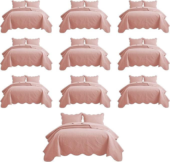 MOONLIGHT20015 10 Pack Twin Quilt Bedding Set (68" x 86") - Bulk Wholesale for Hotels, Guest Bedroom & Airbnbs - Lightweight Microfiber Reversible Floral Embossed Quilts Bedspreads (Peach)