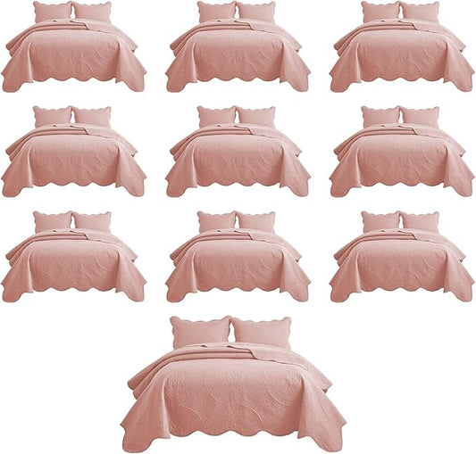 MOONLIGHT20015 10 Pack Twin Quilt Bedding Set (68" x 86") - Bulk Wholesale for Hotels, Guest Bedroom & Airbnbs - Lightweight Microfiber Reversible Floral Embossed Quilts Bedspreads (Peach)