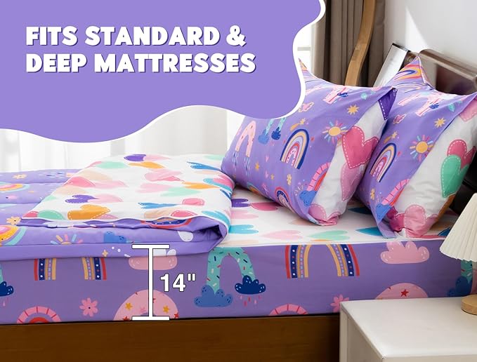 Meeting Story 3pcs Kids Comforter Sets Zipper Bedding Set for Girls,Full Kid Bedding Set Rainbow Flower Comforter for Kid,All in one Zipper Bedding（Drak Purple,Full）