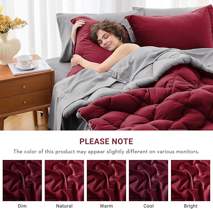 MUXHOMO 7 Pieces Full Comforter Set, Reversible Bed in a Bag Full Size, All Season Bedding Set with Comforter, Flat Sheet, Fitted Sheet, Pillowcases & Shams, Burgundy & Grey