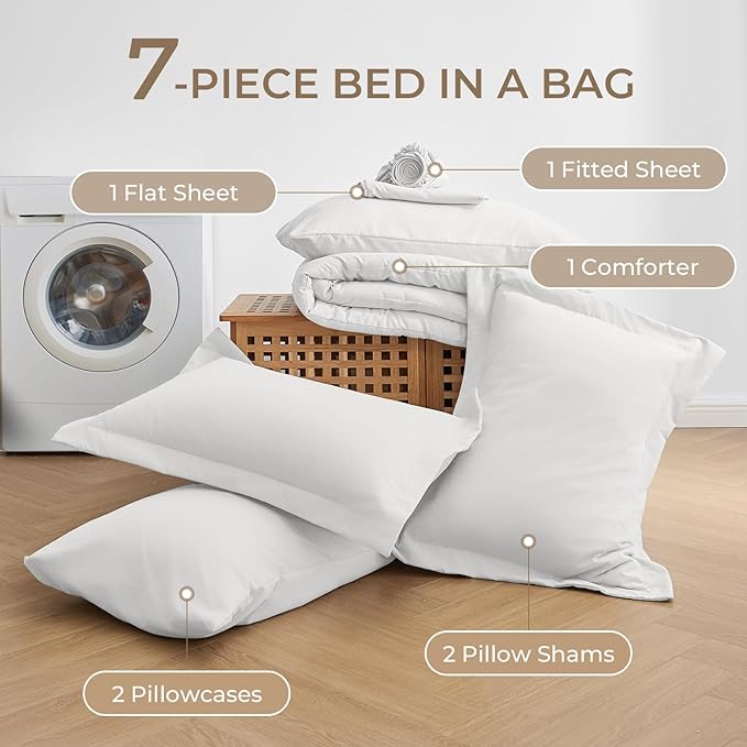 Sasttie California King Comforter Set, 7 Pieces Reversible Cal King Bed in a Bag, Complete Bedding Set Includes Comforter, Flat Sheet, Fitted Sheet, Pillowcases and Pillow Shams, Ivory