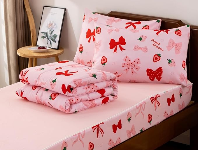 Meeting Story 3pcs Kids Comforter Set Zipper Bedding Set for Girls,Twin Kid Bedding Set Strawberries Bow Tie Comforter Set for Kid,All in one Zipper Bedding（Red,Twin）