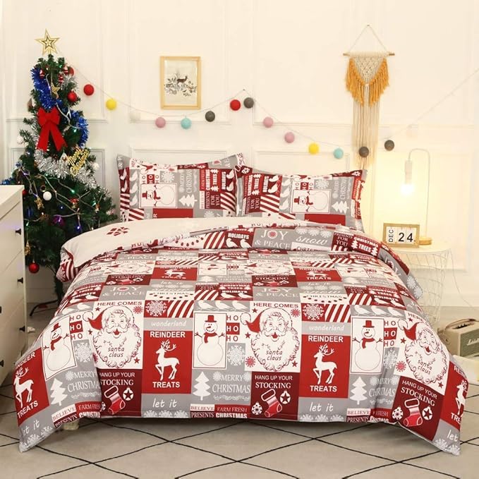 Feelyou Christmas Duvet Cover Set Queen Size, Kids Xmas Holiday Comforter Cover Santa Claus Print Bedding Set, Girls Boys Teen Snowman Snowflake Elk Reindeer Deer Home Decor Bedspread Cover Red