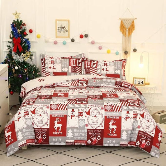 Feelyou Christmas Duvet Cover Set King Size, Kids Xmas Holiday Comforter Cover Santa Claus Print Bedding Set, Girls Boys Teen Snowman Snowflake Elk Reindeer Deer Home Decor Bedspread Cover Red