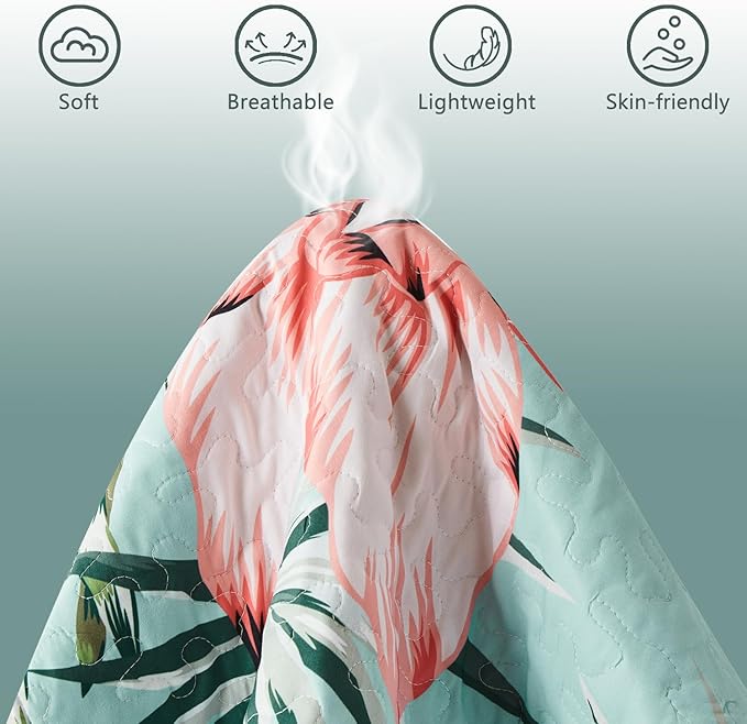 Yogeneg Queen Quilt Bedding Set,Green Pink Botanical Pattern Sky Blue Full/Queen Quilt Set,3 Piece Lightweight Soft Summer Bedspread Coverlet with 2 PIillow Shams,All Season(Sky Blue,90"x96")