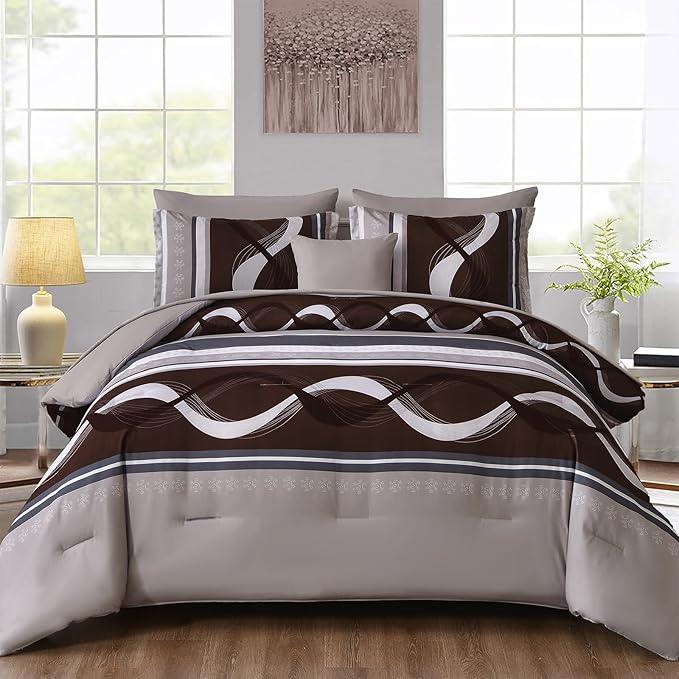 Anibedding Striped Comforter Set King Size,8 Pieces Bed in a Bag Beige and Brown Patchwork Bedding Sets,Boho Soft Microfiber Bedding Set for All Season(104"×90")