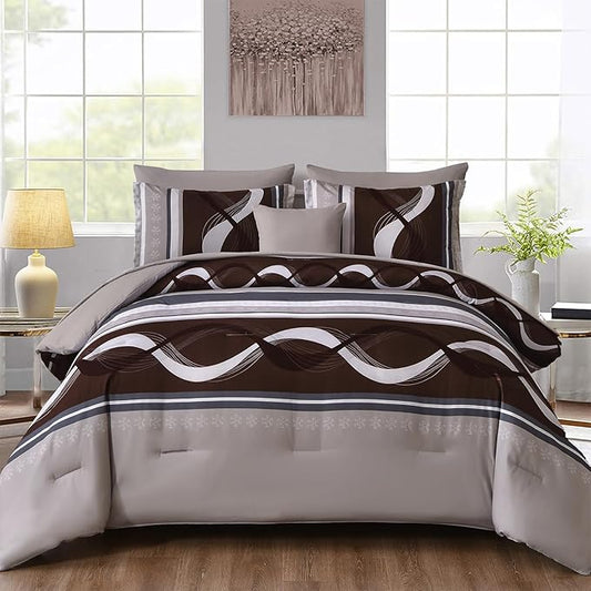 Anibedding Striped Comforter Set King Size,8 Pieces Bed in a Bag Beige and Brown Patchwork Bedding Sets,Boho Soft Microfiber Bedding Set for All Season(104"×90")
