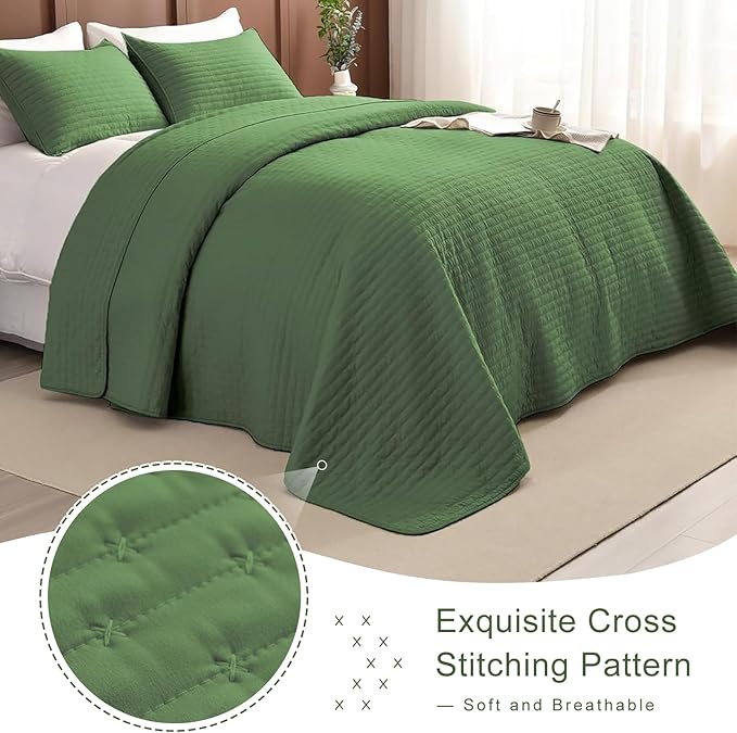 Lady Ann Oversized Queen Quilt Set,3 Pcs Olive Green Oversized Queen Bedspreads 100x106 for Bed, Lightweight & Soft Farmhouse Coverlet All Season Extra Large Quilted Bedding Sets