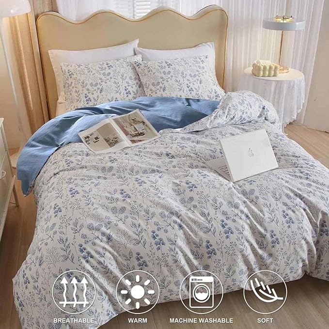 Nanko Floral Duvet Cover Set Queen Size, Blue and White Flower Leaf Print Pattern Bed Set, Soft Microfiber Reversible Comforter Bedding Cover with Zip Tie - Vintage Farmhouse for Women Men, 3Pcs 90x90