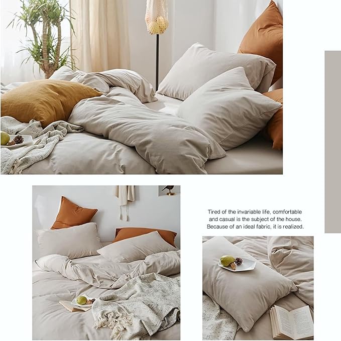 Boho Beige Duvet Cover Jersey Knit Cotton Bedding Duvet Cover Set King Solid Color 3 Pieces Bedding Set Apricot Khaki Comforter Cover Breathable Soft Farmhouse Bedding Set with Zipper Closure King