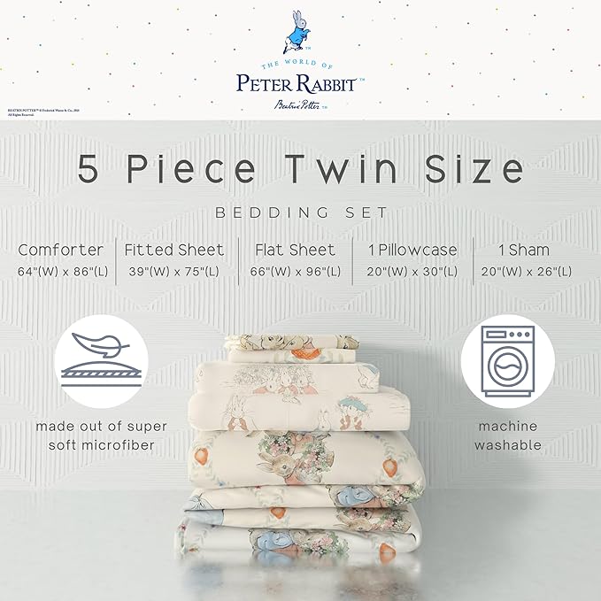 Peter Rabbit Book Bedding Set, Twin Size 5-Piece Super Soft Fluffy Reversible Comforter & Sheet Set with Sham, Storybook Friends Easter & Spring, (100% Officially Licensed Product) by Franco Heritage