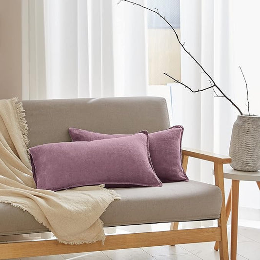 Simple&Opulence 100% Linen Lumbar Pillow Cover 12 x 20 Inches Set of 2 Rectangular Decorative Throw Cushion Cover for Couch Sofa Bed Living Room Office Soft Breathable Farmhouse - Purple
