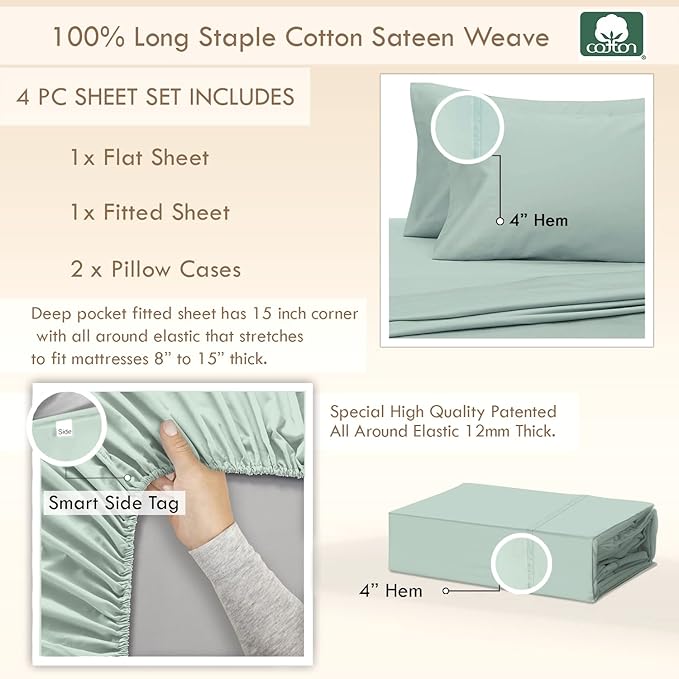 Pizuna Pure 100% Cotton Sheets RV Queen Size, Luxurious 400 Thread Count Long Staple Cotton Sateen Sheets RV Queen with 15" Deep Pocket (Combed Sea Foam Cotton Sheet Set)