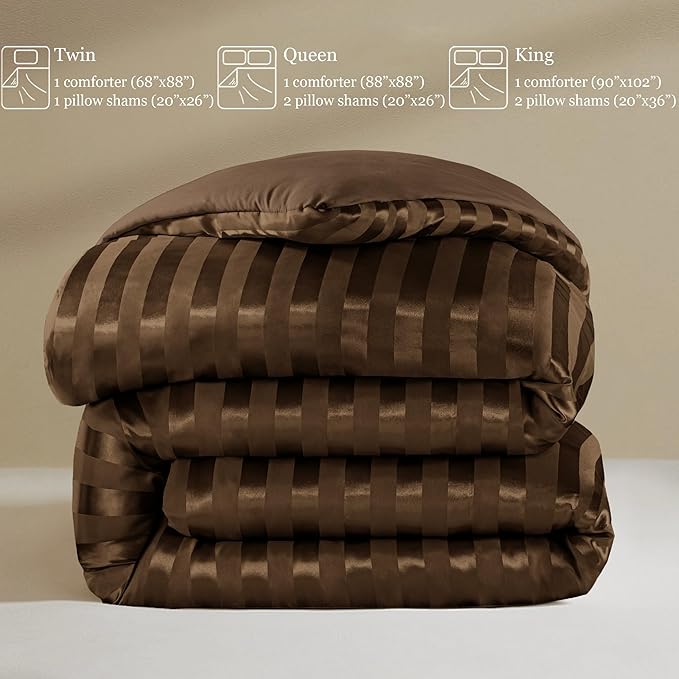 Whale Flotilla 3-Piece Reversible Silky Soft Queen Comforter Set, Luxury Stripe Satin Comforters Full Size Bedding Set with 2 Satin Pillowcases, Lightweight Duvet Set for All Seasons, Brown