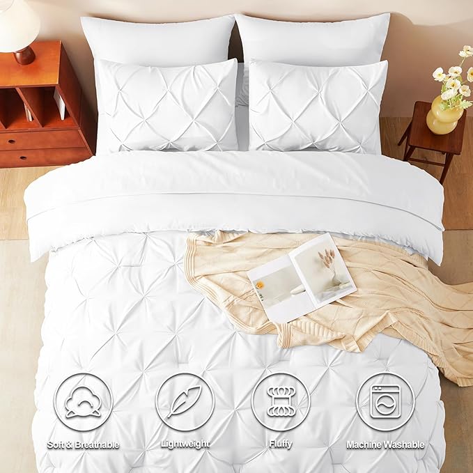 Queen Comforter Set White, 7 Pieces Pintuck Bed in A Bag Queen Size Bedding, Soft Bed Set All Season Pinch Pleat Comforter Set with Sheets, Pillowcases & Shams