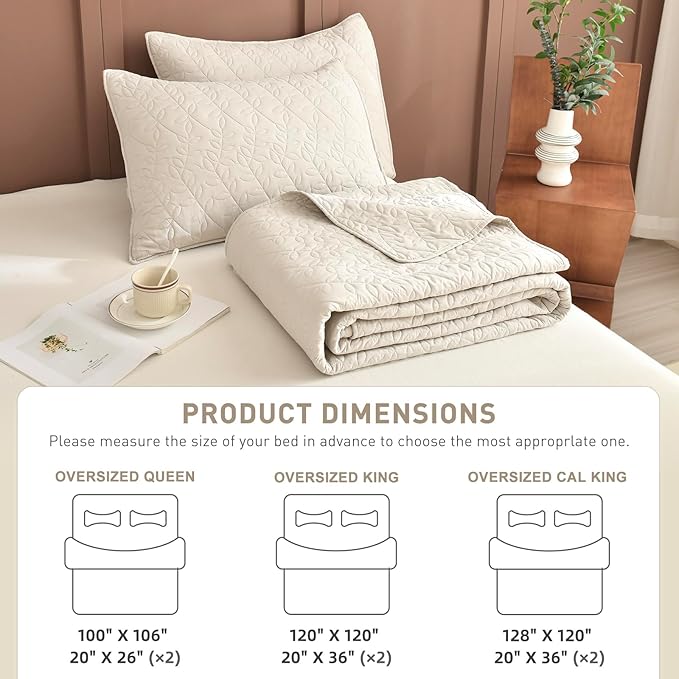 Lady Ann Oversized King Bedspreads Set for 120x120 Extra Bed, Wheat Leaves Print Summer Lightweight California King Quilt Coverlet Ultra Soft Luxurious Thin Comforter Bed Cover