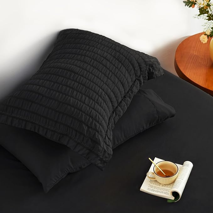 Love's cabin Seersucker Black California King Comforter Set, 7-Piece All Season Lightweight Bed in a Bag Bedding Set with Comforter, Flat Sheet, Fitted Sheet, Pillowcases and Shams | Soft, Breathable, Lightweight