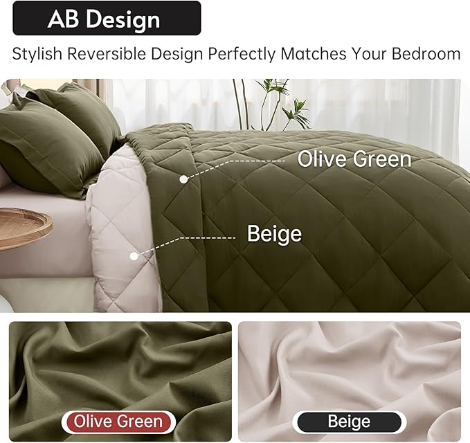 MUXHOMO 7 Pieces Queen Comforter Set, Reversible Bed in a Bag Queen Size, All Season Bedding Set with Comforter, Flat Sheet, Fitted Sheet, Pillowcases & Shams, Olive Green & Beige