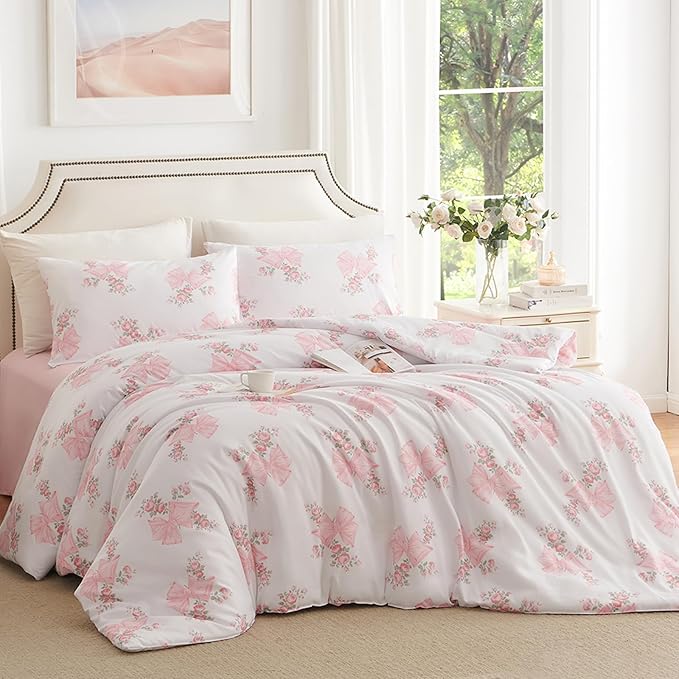 Nayoroom Pink Bow Duvet Cover Full Size Coquette Pink Floral Duvet Cover 3 Pieces Soft Lightweight Microfiber Girls Cute Aesthetic Dorm Bedding Set