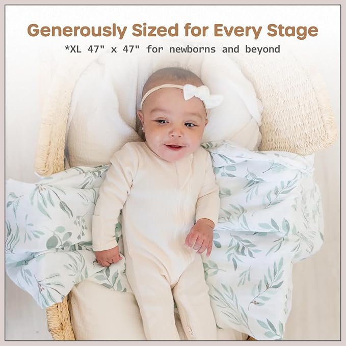 Organic Baby Muslin Swaddle Blankets for Boy or Girl - Eucalyptus Leaves and Sage Swaddling Blanket 2 Pack - Soft Muslin, XLarge and Breathable, Boho Baby, 47" X 47"