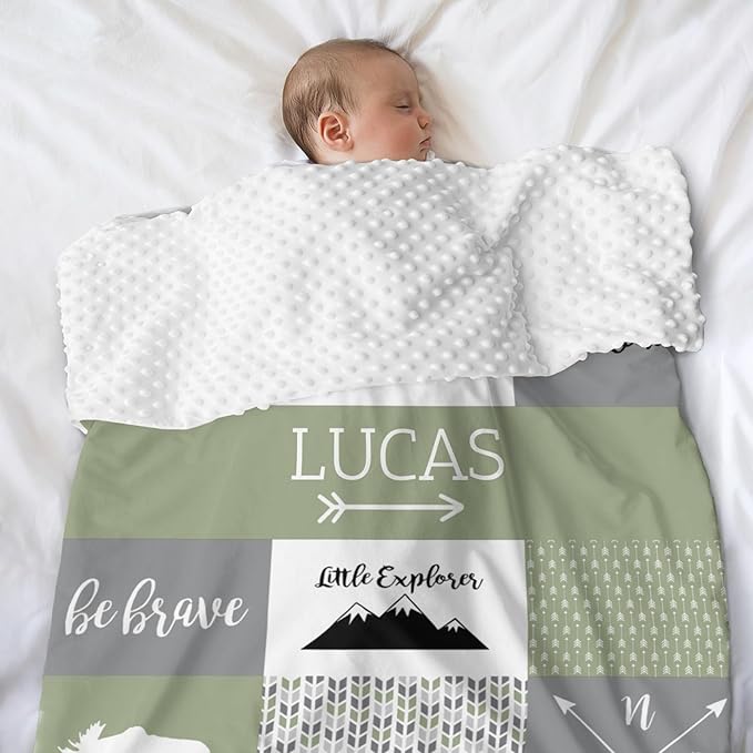 Custom Bear Baby Blanket for Boy, Baby Blanket with Name - 35 x 45 Inches Blankets with Double Layer Dotted Backing - Shower Gifts for Nursery - Essential Bebe Stuff, Reseda