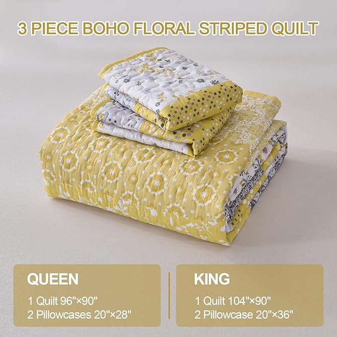 WONGS BEDDING Boho Quilt Set King, Yellow Bohemian Striped Patchwork Bedspread Coverlet Set with 2 Pillowcases,Lightweight Microfiber Floral Bedding Set 104"×90"