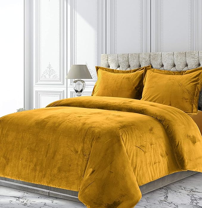 Gold 5 Piece Velvet Comforter Set Emperor King Size (Comforter + 4 Pillowcases) Crinkle Crushed 400 GSM