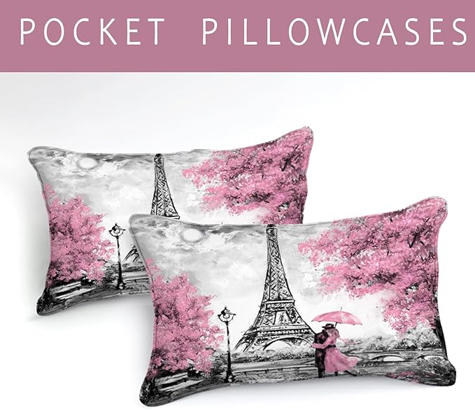 Bedbay Eiffel Tower Comforter Set Queen Size Paris Bedding - Romantic Couple Lovers Printed Girls Women Pink and Grey Soft Lightweight French Style Duvet Set