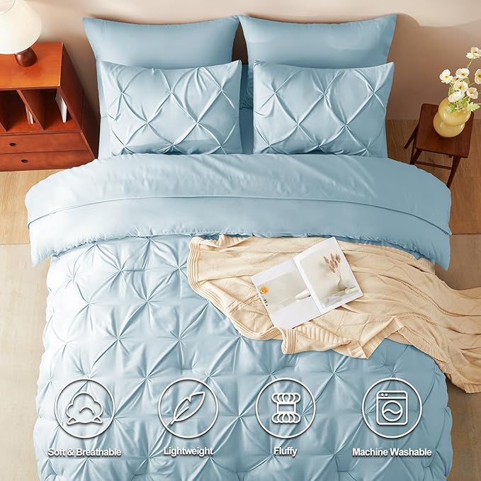 Full Comforter Set Light Blue, 7 Pieces Pintuck Bed in A Bag Full Size Bedding, Soft Bed Set All Season Pinch Pleat Comforter Set with Sheets, Pillowcases & Shams