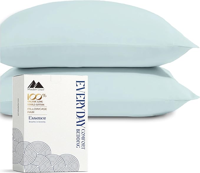 Mayfair Linen 100% Organic Cotton King Size Pillow Cases Set of 2 - Ultra Soft Hotel Quality King Pillow Covers, Authentic GOTS Certified, Crisp, Cooling Percale Weave Cotton Pillowcases - Sea Foam
