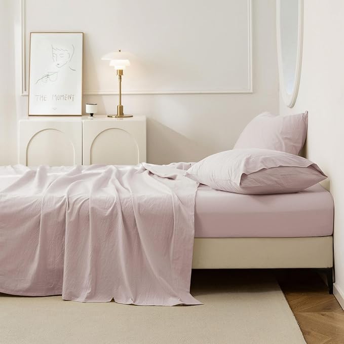 JIYUAN 100% Washed Cotton Sheet Set 4 Pieces Cal King,1 Fitted Sheet,1 Flat Sheet and 2 Pillowcases,Comfy and Breathable Linen Like Bedding Set,Heathered Greyish Pink