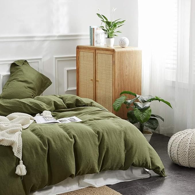 Simple&Opulence 100% Linen Duvet Cover Set, 3 PCS Natural French Flax Olive Green Duvet Cover Full Size, Breathable Soft Comfy Linen Bedding Comforter Cover with 2 Pillowcases(Olive Green, 78"x86")