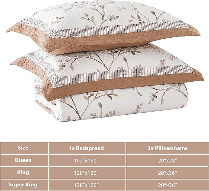 Oversized King Bedspread 128"x120" - 100% Cotton Lightweight All-Season Quilted Coverlet with Vine Floral Design - Elegant Farmhouse & Modern Bedding - Oversized King Plus Quilt Brown/White