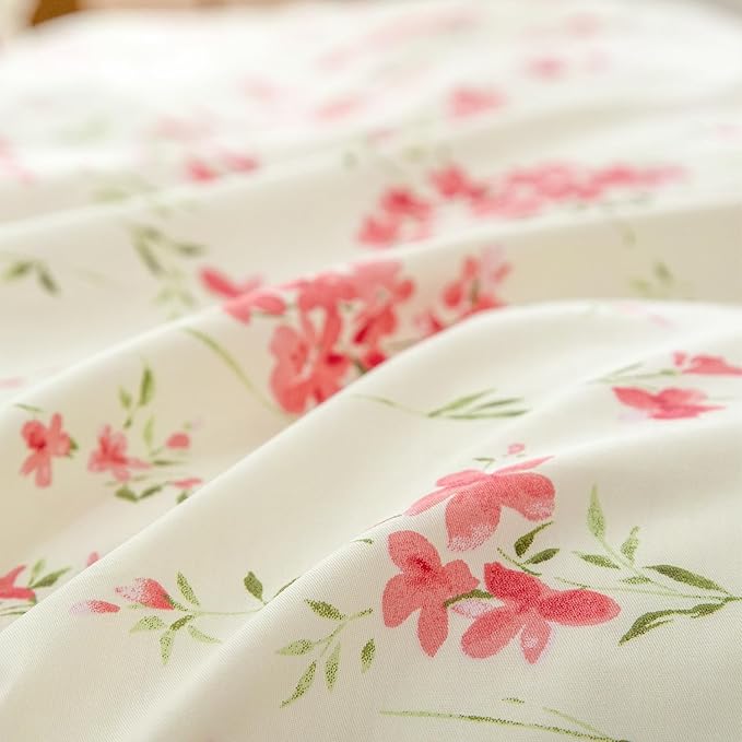 CottonLife Floral Queen Duvet Cover 100% Brushed Microfiber 3 Pieces Queen Bedding Sets, Red Floral Chic Garden Style Floral Pattern Queen Duvet Set Print with Zipper Closure