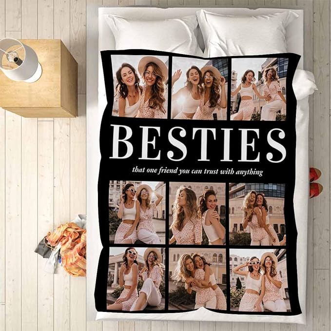 Custom Blankets with Photos and Text, 9 Photos Custom Blankets Best Friend Blanket for Birthdays Christmas Best Friend Sister BFF Girls, 8 Sizes