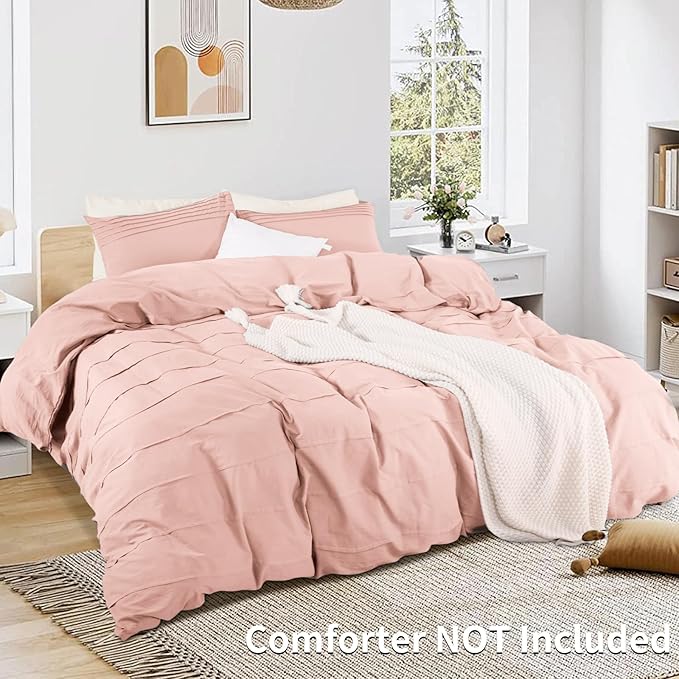 NEXHOME PRO 100% Washed Cotton Duvet Cover Queen Size, Pleated Textured Duvet Cover Set Light Pink, 3 Pieces Bedding Set with Zipper Closure, Soft, Lightweight and Breathable (90"x90", No Comforter)