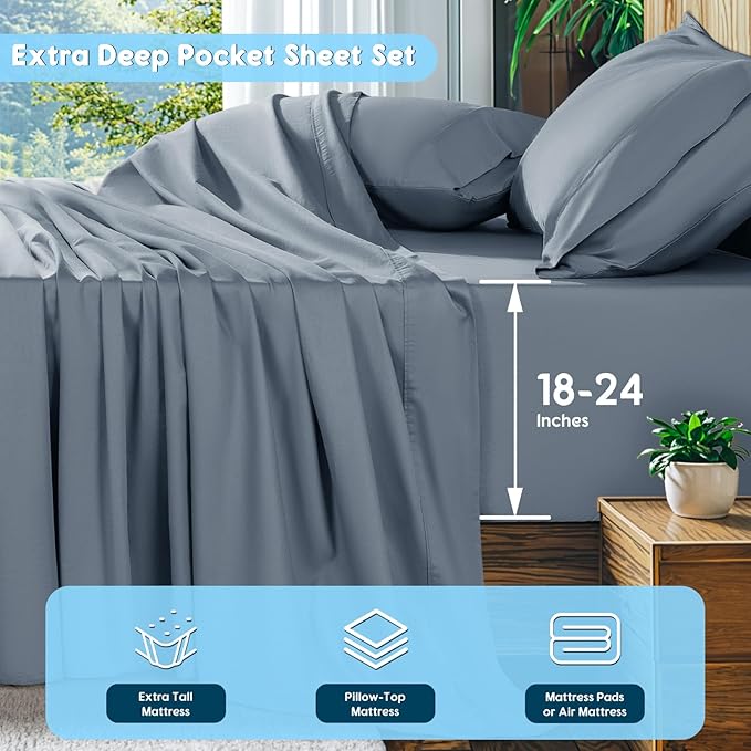 SONORO KATE 100% Egyptian Cotton Sheets Set, Extra Deep Pocket up to 18"-24",1000 High Thread Count, Soft & Breathable 5-Star Hotel Sateen Bed Sheets - 4 PC (French Blue,King)
