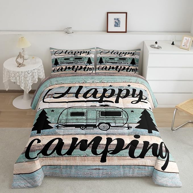 Camper Comforter Twin Size Happy Camping Bedding for Boys Kids Girls Rustic Farmhouse Style Comforter Set, Camper Accessories for Travel Trailers, Camper Must Haves,Teal Blue Vintage Wooden Quilt Set