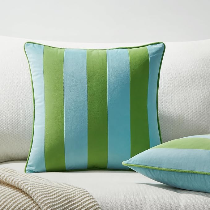 MONDAY MOOSE Decorative Throw Pillow Covers Cushion Cases, Set of 2 Soft Velvet Striped Piping Edge Designs, Pillow Inserts Not Included (16x16 inch, Light Green/Light Blue)