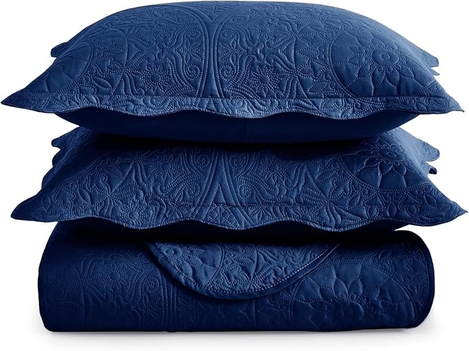 MOONLIGHT20015 King Quilt Bedding Set Size (106" x 96") + 2 Pillow Shams (20" x 36"+ 2") - 3 Pcs All Season Lightweight Reversible Quilt Bedspread Microfiber Floral Embossed Coverlet (Navy)