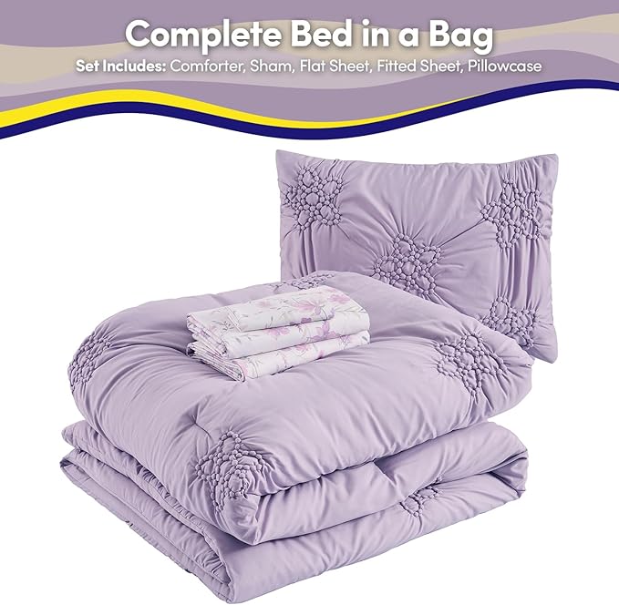 Floral Pintuck Comforter Set Twin Size – Bed in a Bag with Sheets, Pillowcases & Shams – Soft Stylish Sports Bedding – All Season Boys Basketball Bed Set