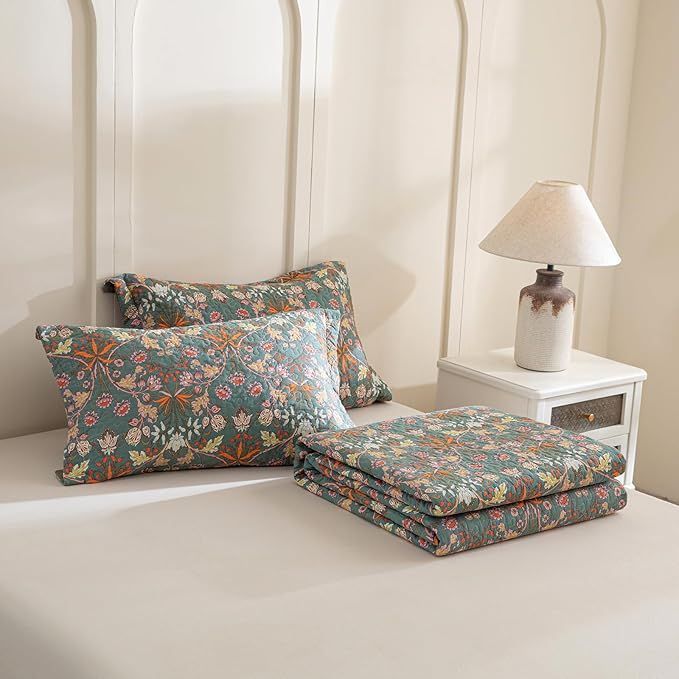 QSH 3Pcs Floral King Quilt Set (110"x98") -100% Cotton Quilt King Size Bedding Set Luxury Paisley Flower Botanical Printed Bedspread Coverlet King Soft Lightweight Quilted Bedding Set
