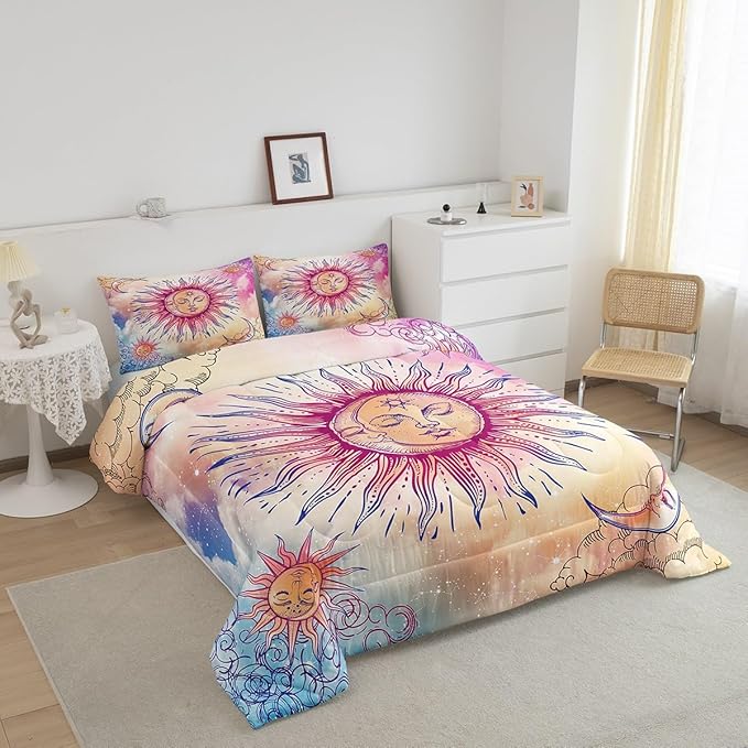 Sun and Moon Comforter Set Twin Stars Constellation Galaxy Bedding Set,Pink Blue Pastel Clouds Tie Dye Comforter For Kids Girls Women Boho Hippie Psychedelic Celestial Astrology Quilt Duvet Set 2 Pcs
