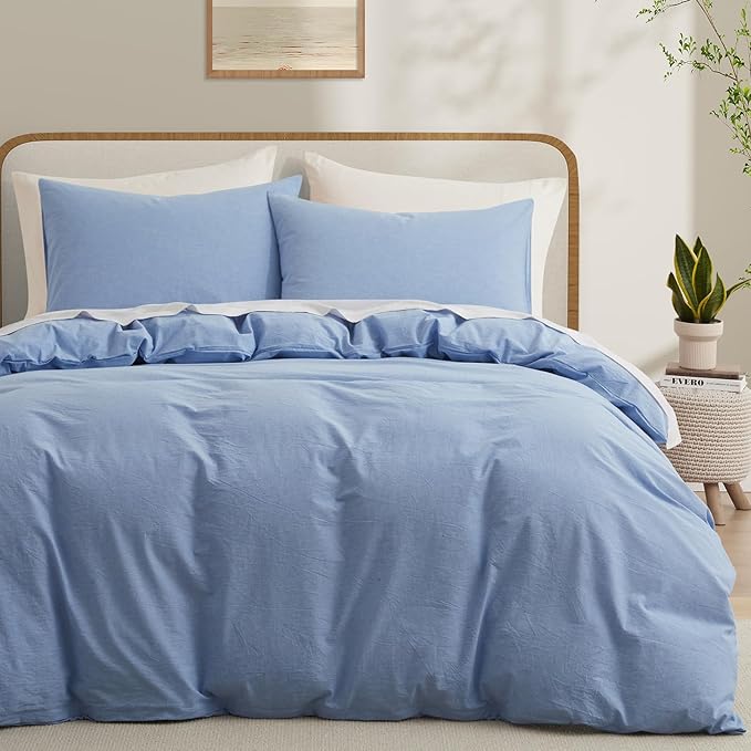 LOVQUE Light Blue Cotton Duvet Cover King Size, Linen Like Natural Bedding Set with Zipper Closure (No Comforter), 104x90 Inches