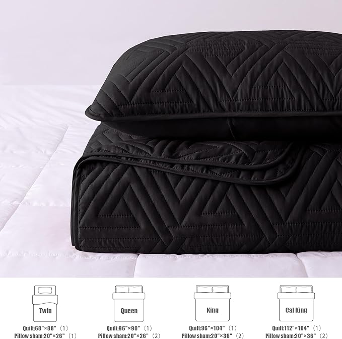 Whale Flotilla Soft California King Size Quilt Set for All Seasons, 3-Piece Ultrasonic Bedding Set, Lightweight Reversible Bedspread, Coverlet, Bed Cover with 2 Pillow Shams, Black