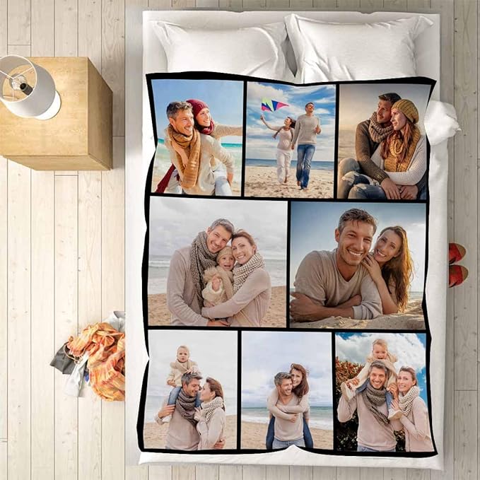 Custom Blanket with Picture, 8 Photos Customizable Blanket Personalized Blankets Family Memory Gift for Dad Mom Grandpa Grandma