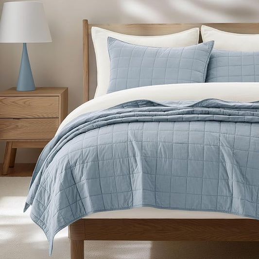 EVERGRACEHOME 100% Cotton Box Stitch Quilt Bedding Set King Size 3 Pieces, Garment-Washed Lightweight Soft Cozy Coverlet, Oversized Quilted Bedspread Sets with 2 Shams for All Season, Blue Linen
